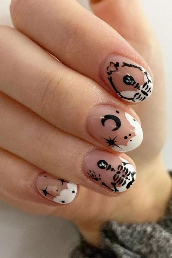 Minimalist Skeleton Bone Nails with Nude Polish
