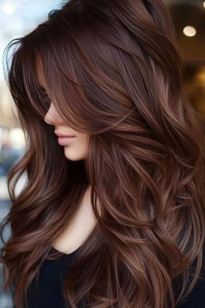 Mocha brown balayage with blended highlights.