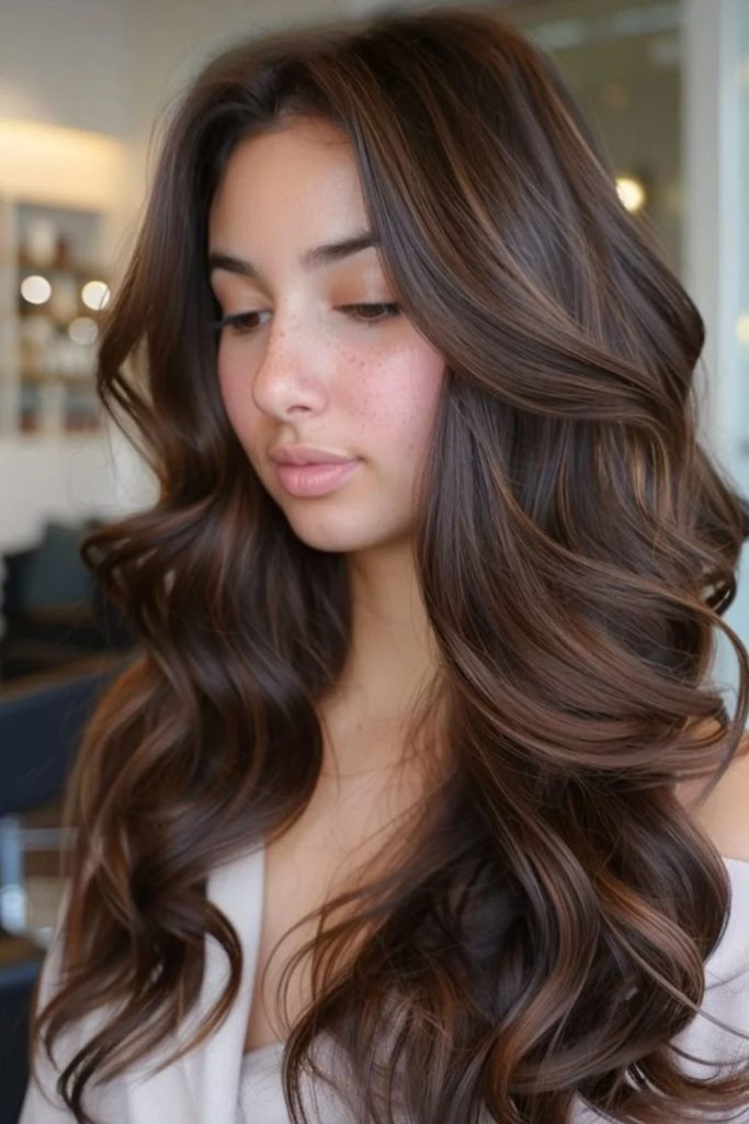Mocha brown hair with highlighted money piece.