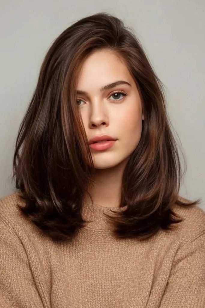 Shoulder-length mocha brown lob with soft layers.