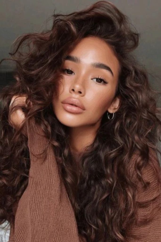 Natural curly hair in rich mocha brown.