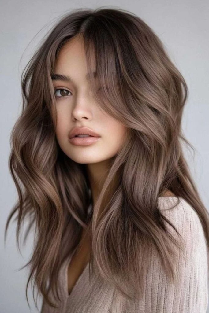 Mocha brown hair with beige highlights.
