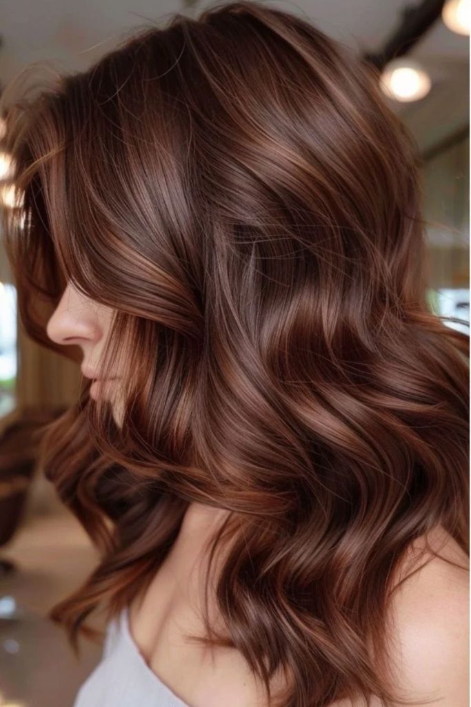 Mocha brown hair with copper undertones.