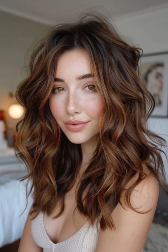 Mocha brown balayage with golden highlights.