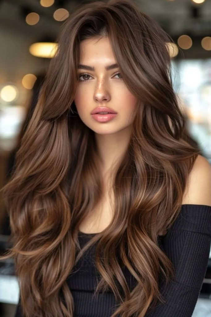 Mocha brown hair with honey highlights.