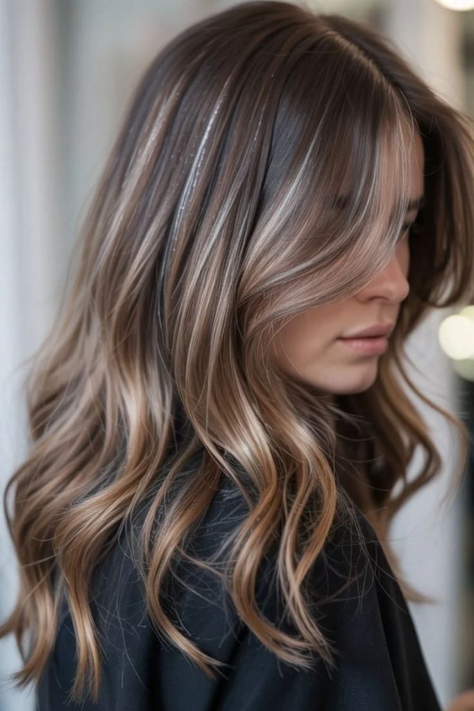 Mocha brown hair with platinum-brown highlights.