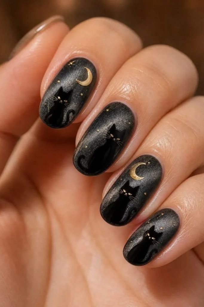 Moonlit black kitty nail design