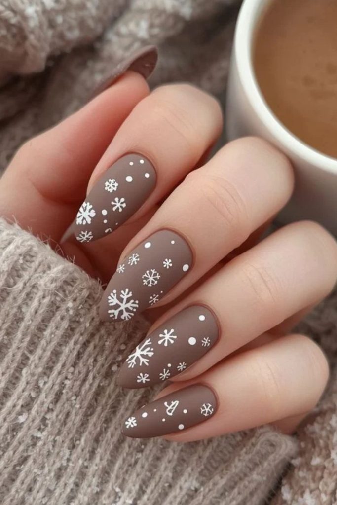 Chocolate brown cozy ski lodge nails.