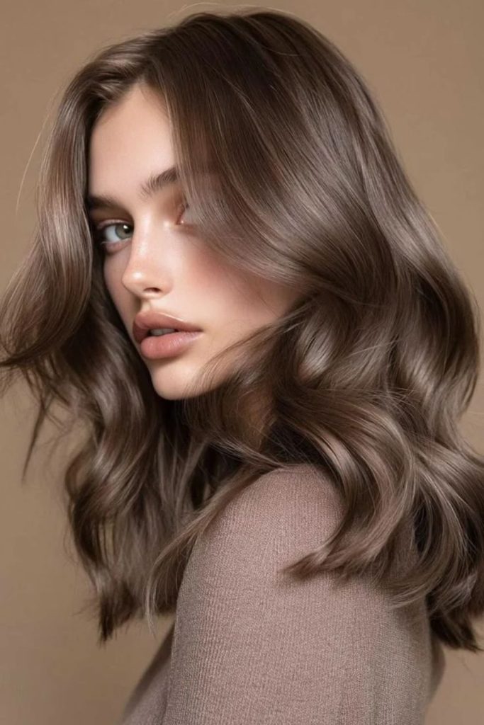 Mushroom mocha brown hair with smoky tones.