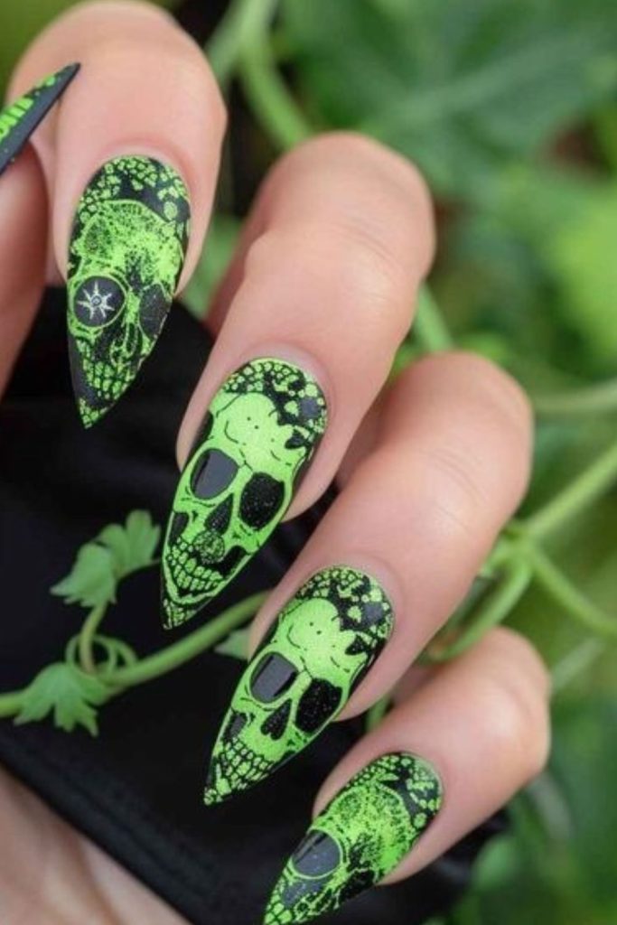 Neon Green Skeleton Nails with Bright Black Backgrounds