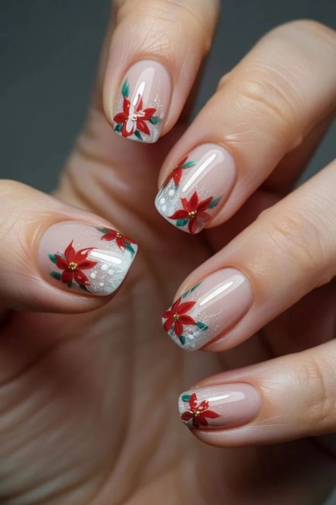 Nude nails featuring tiny red poinsettia flowers.