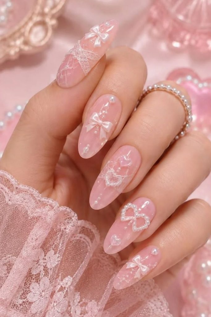 Peachy pink coquette nails with ivory ribbons.