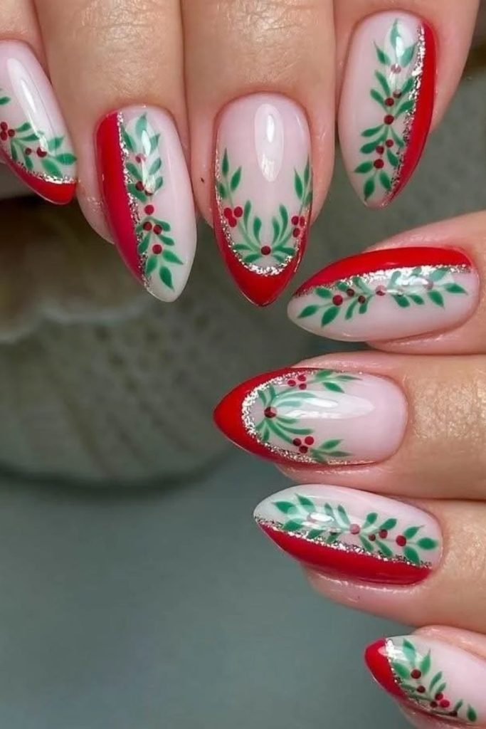 Negative space nails featuring minimalist poinsettia artwork.