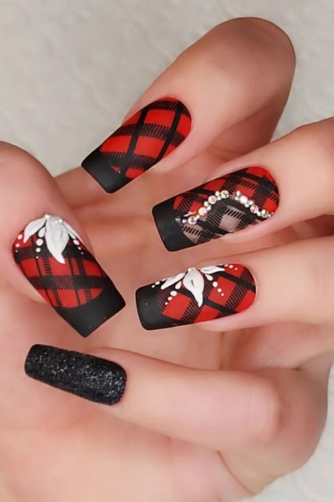 Plaid Christmas patterns paired with red poinsettias.