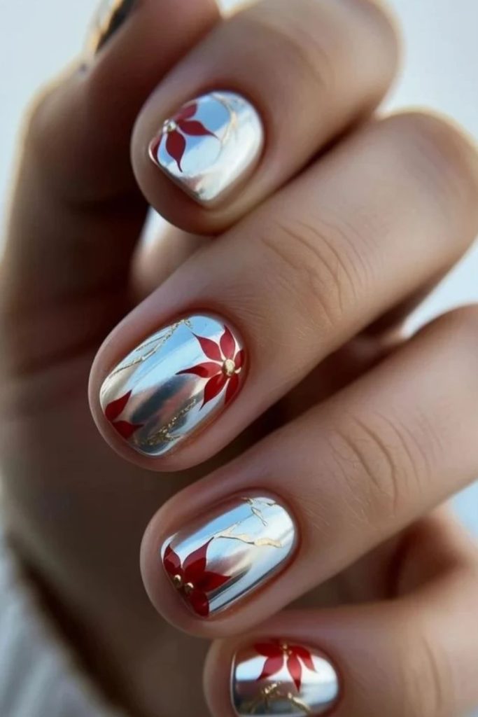 Silver foil accents with red poinsettia flowers.