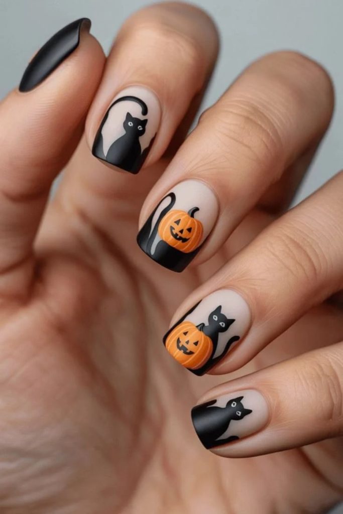 Pumpkin black cat Halloween manicure