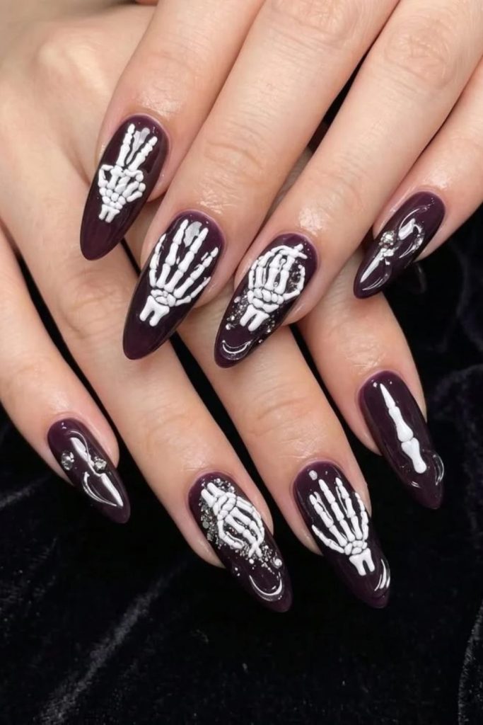 Purple Skeleton Nails with White Bone Illustrations