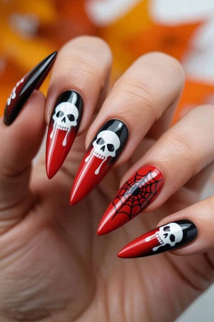 Red and Black Skeleton Nails with Gothic Accents