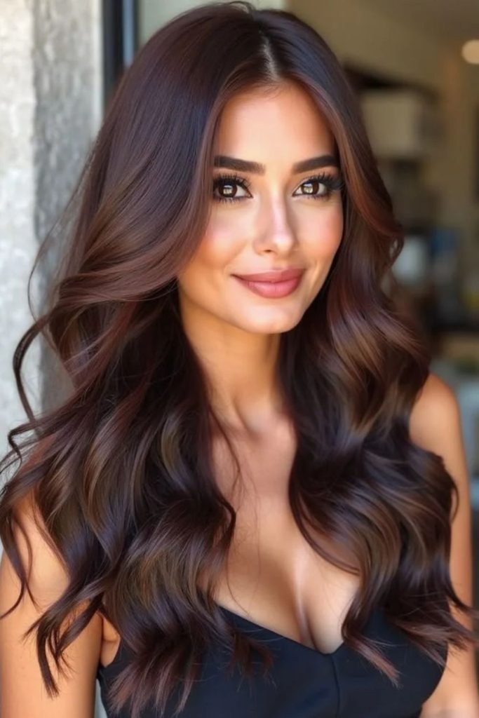 Rich cocoa brown hair with burgundy undertones.