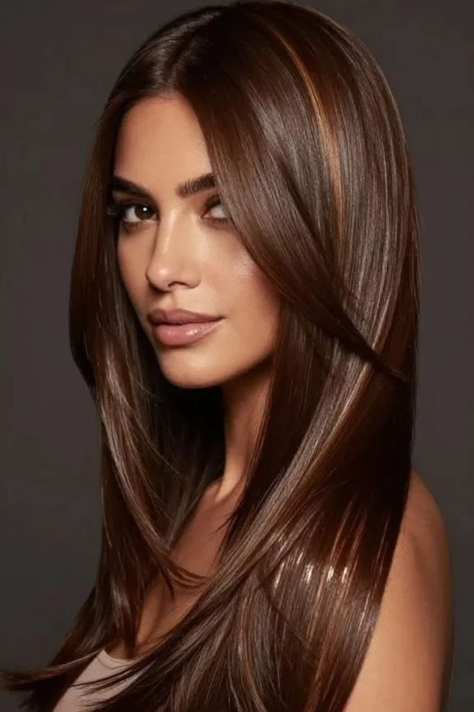 Milk chocolate brunette V-cut layered hairstyle