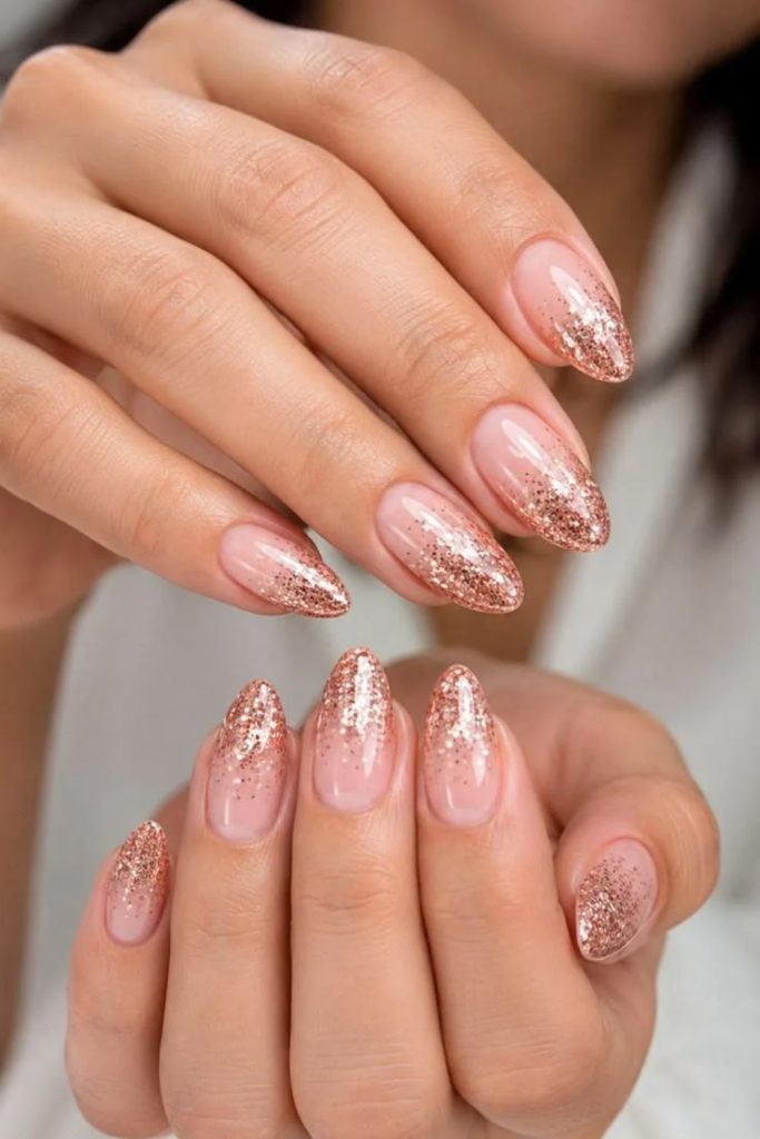 Rose gold disco nails with romantic chrome shine.