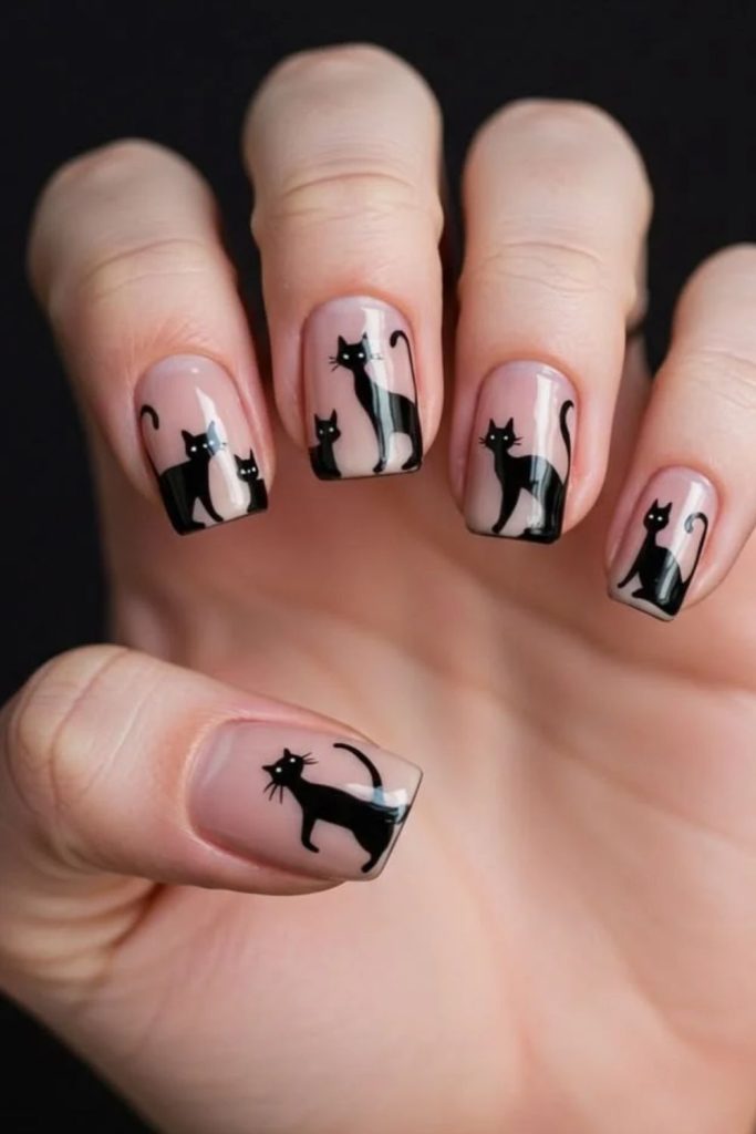 Shadow black cat silhouette nails