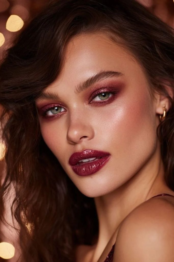 Shimmering cherry metallic eyeshadow glam look.