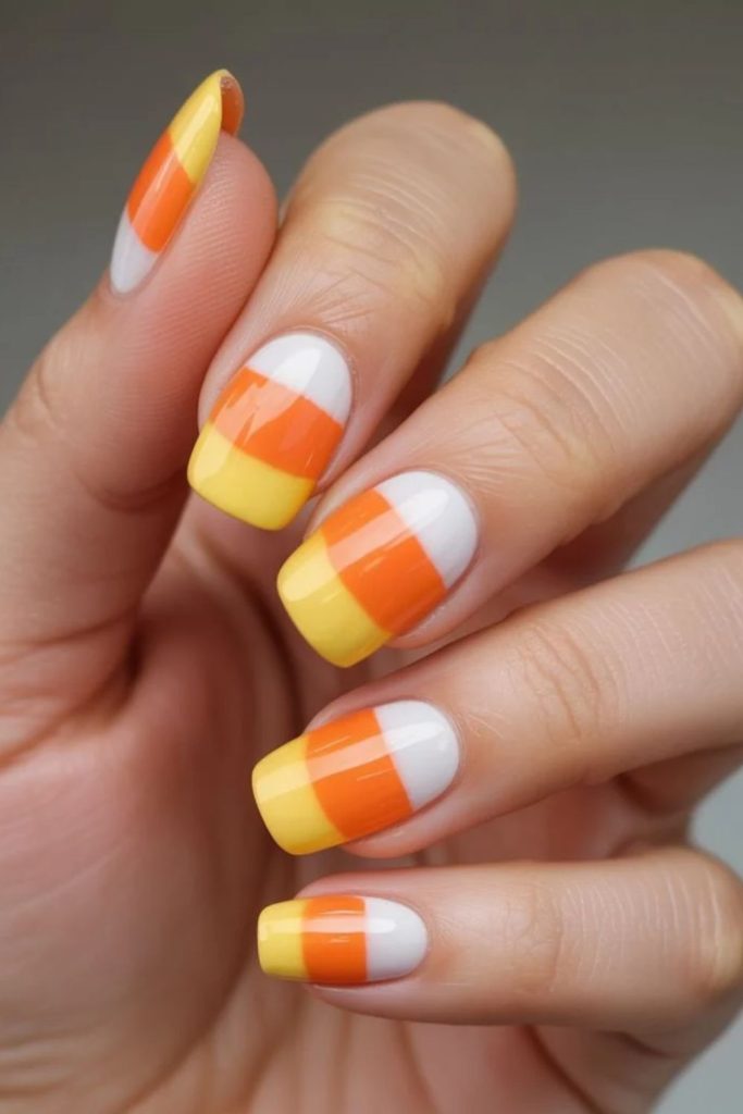 Short squoval candy corn Halloween nail art.
