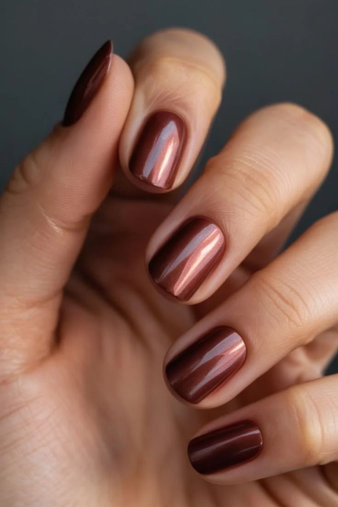 Short glossy cherry mocha fingernails.