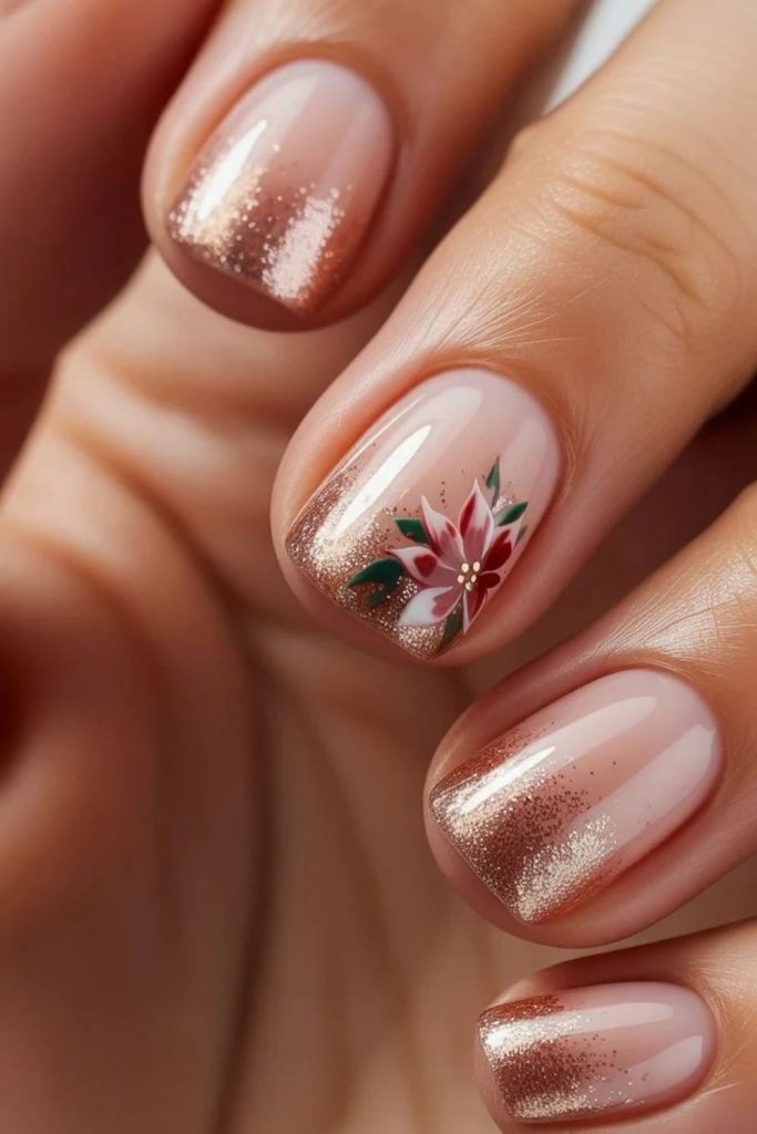 Short natural nails with miniature red poinsettias.