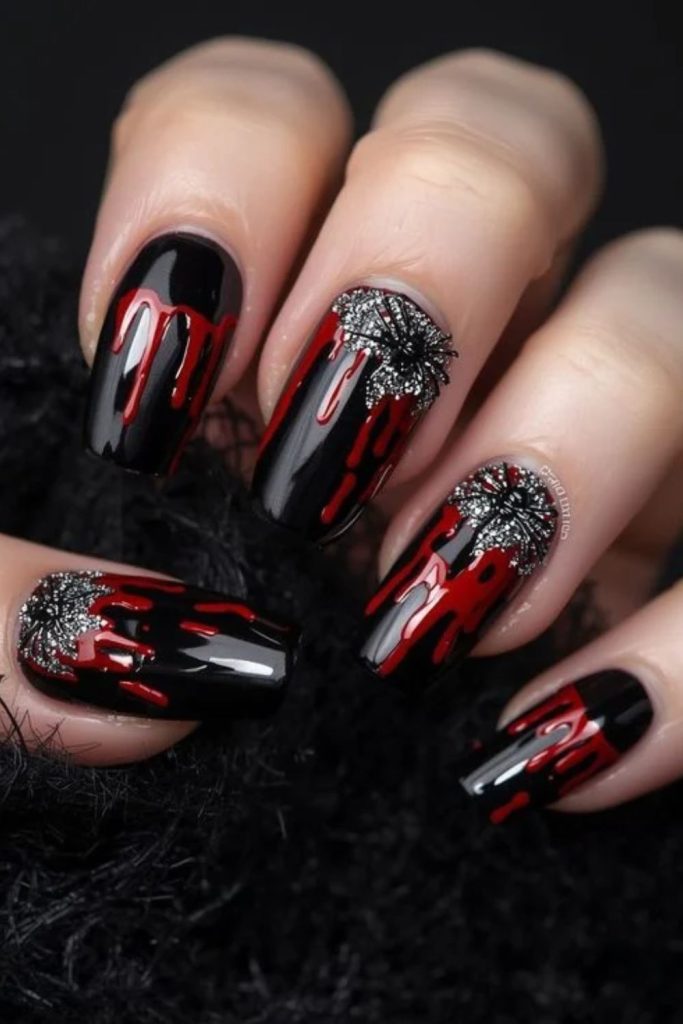 Blood Drip Skeleton Nails with Dark Red Accents
