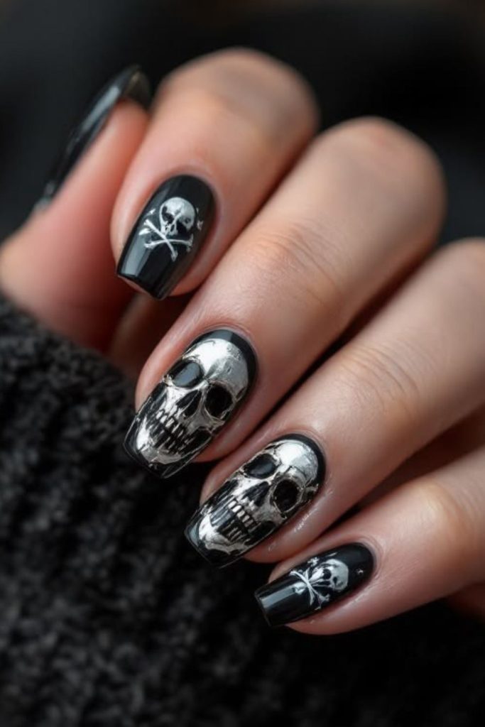Chrome Skeleton Nails with Reflective Silver Bone Art