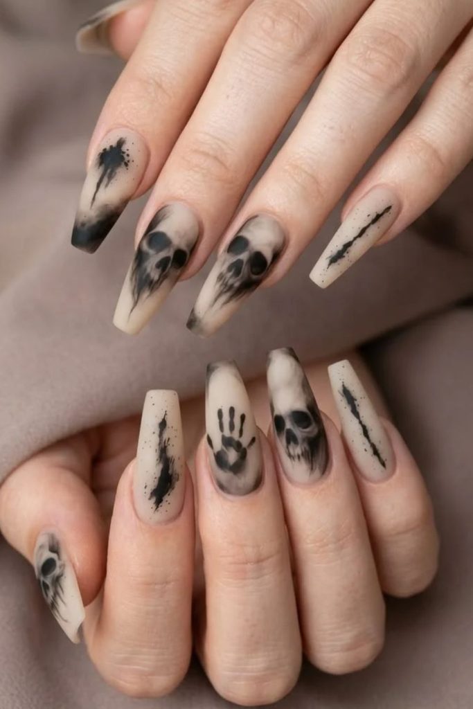 Coffin Shaped Skeleton Nails with Elongated White Bones