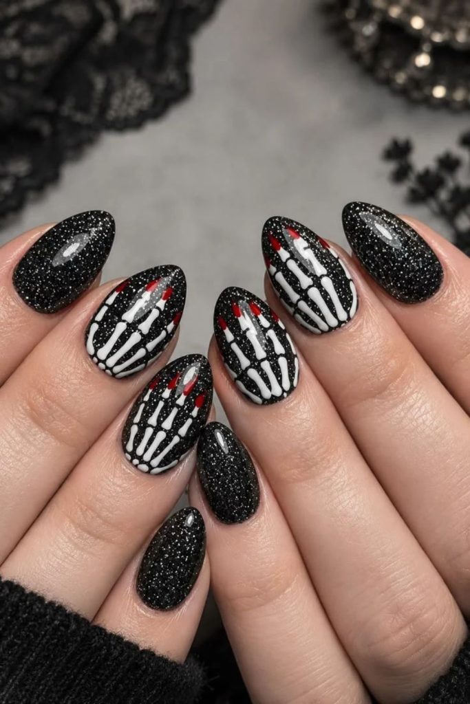 Glitter Skeleton Nails with Sparkling Silver Bone Designs