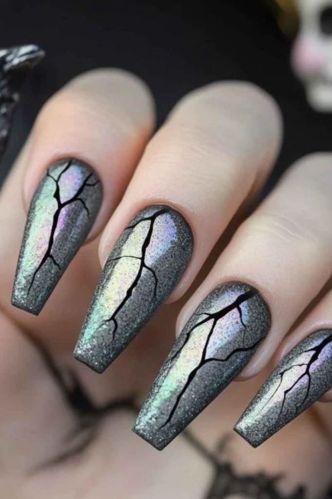 Holographic Skeleton Nails with Rainbow Shimmer Effects