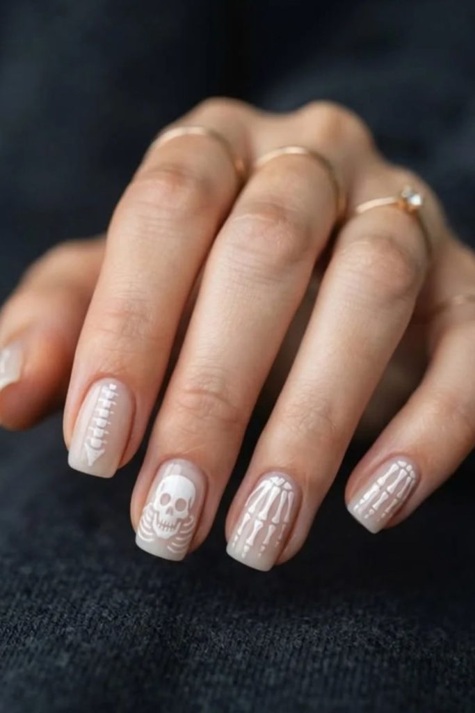 Milky White Skeleton Nails with Delicate Black Illustrations