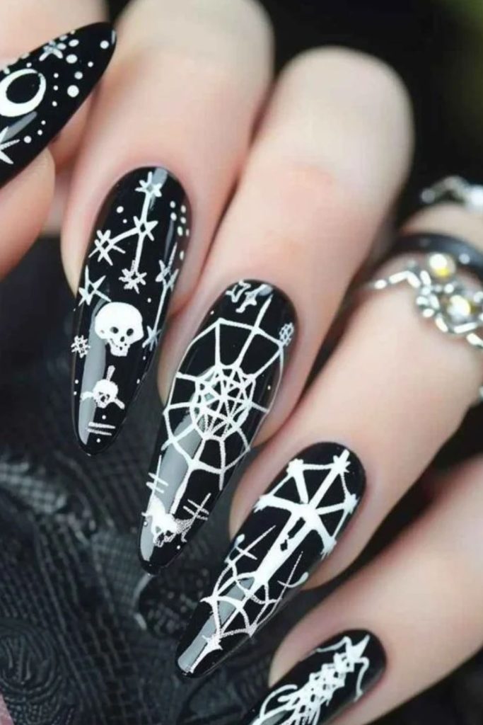 Celestial Skeleton Nails with Crescent Moons and Stars