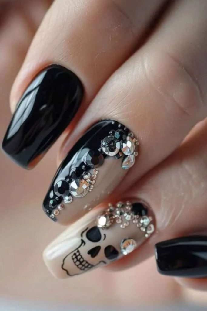 Skeleton Nails with Rhinestones and Sparkling Bone Details