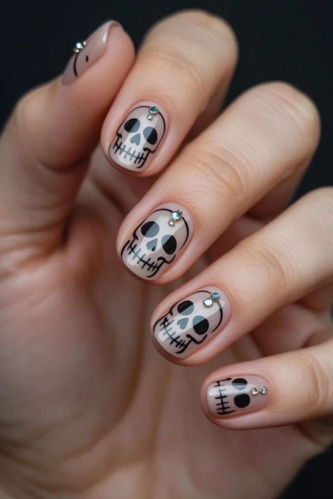 Skeleton Nails with Detailed White Skull Accents