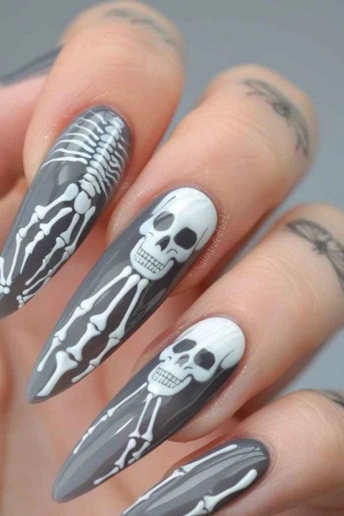 Smoky Gray Skeleton Nails with Misty Backgrounds