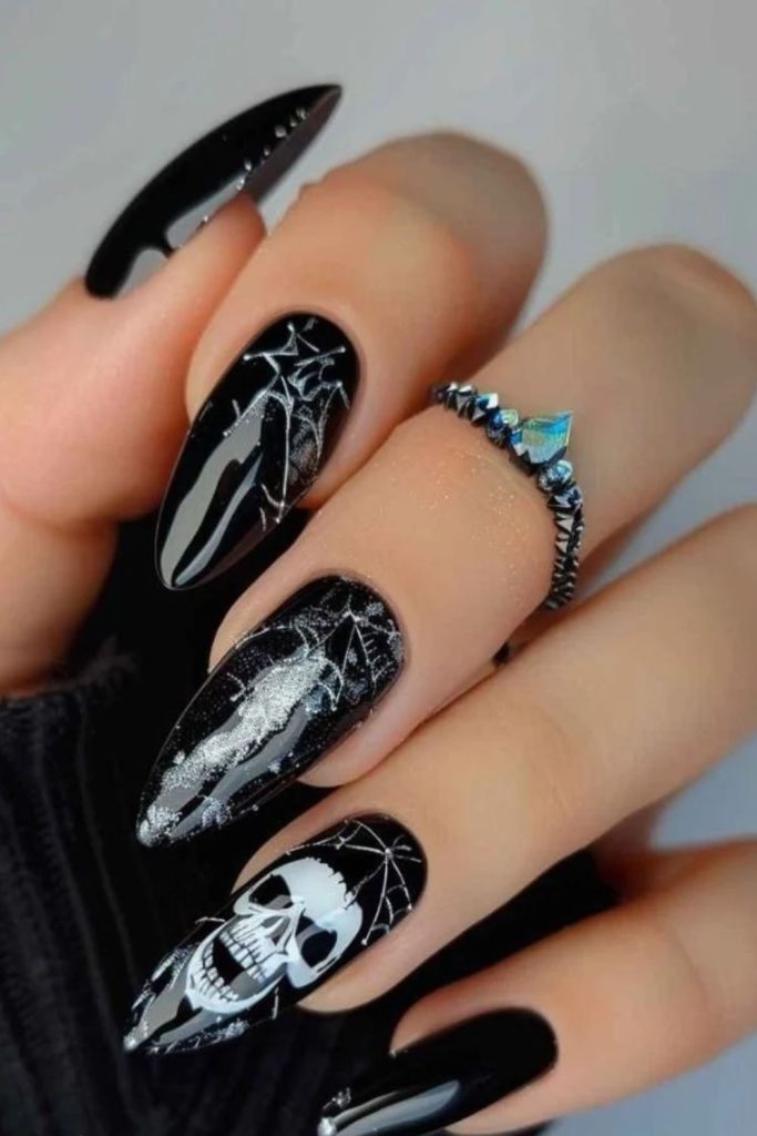 Skeleton Nails with Intricate White Spiderweb Details