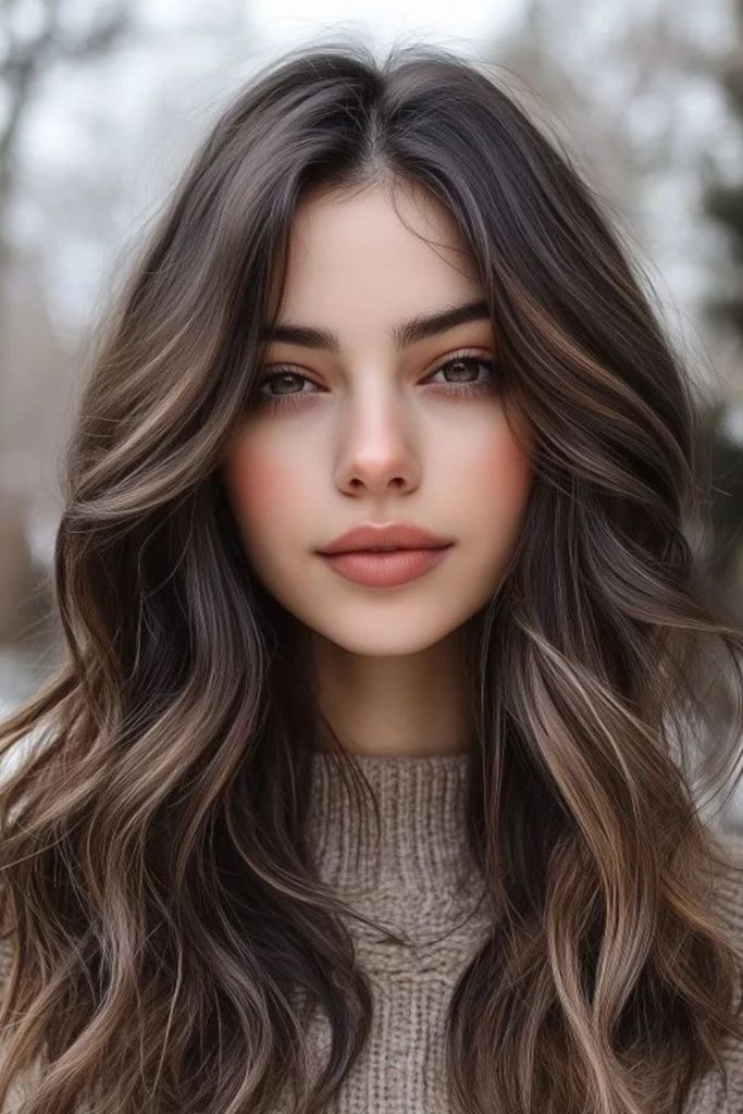 Smoky cocoa brown hair with ash undertones.