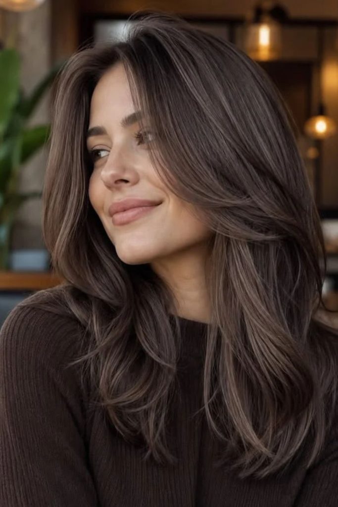 Smoky mocha brown balayage with cool highlights.