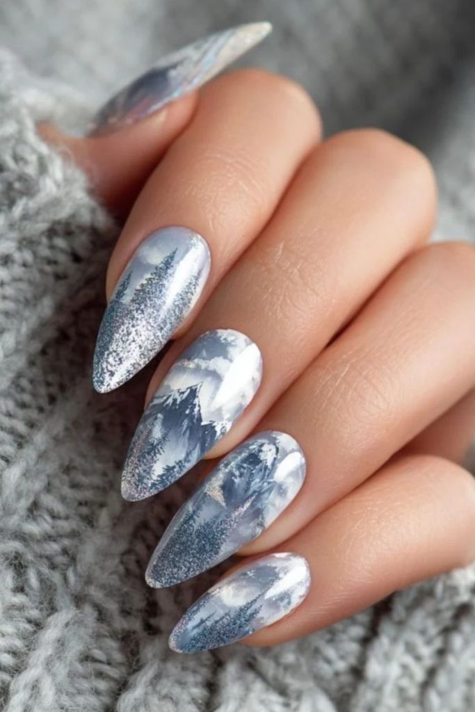Snowy chalet landscape inspired ski nails.