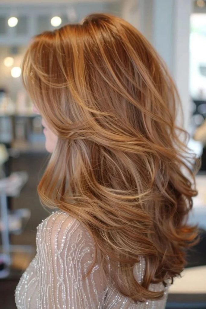 Soft butterscotch babylights on brunette hair.