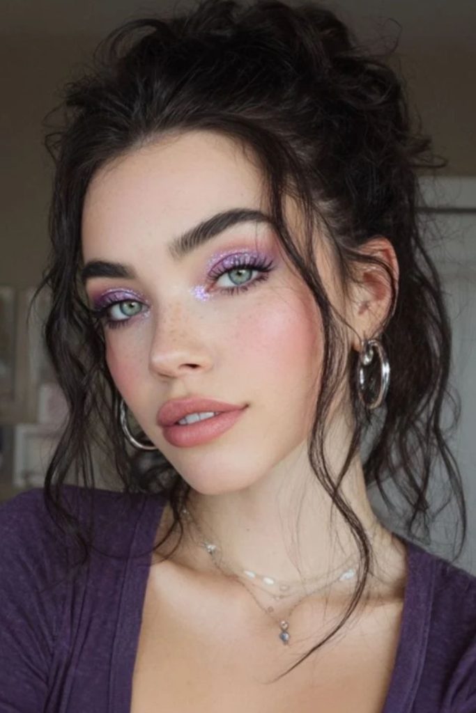Sparkling violet fairy glam makeup.
