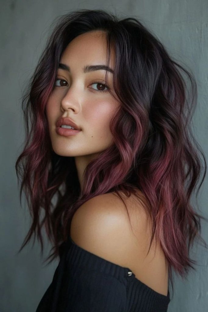Spiced plum ombre with dark roots.