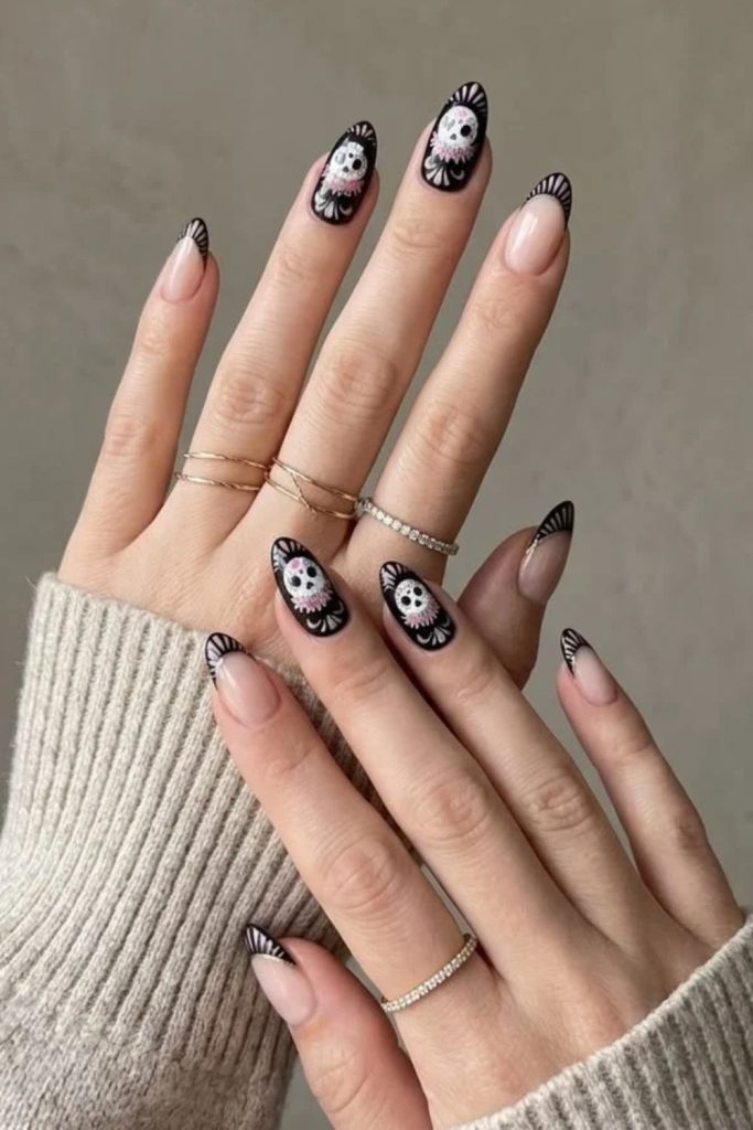 Spooky Skeleton French Tips with Elegant Bone Patterns