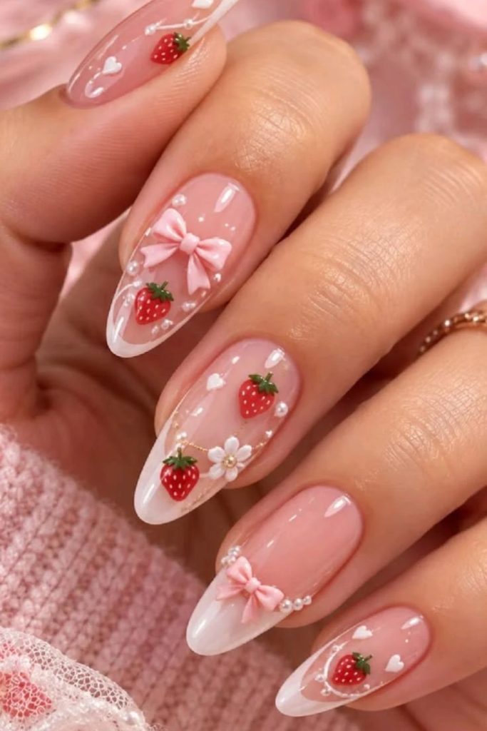 Strawberry milk coquette nails with white bows.