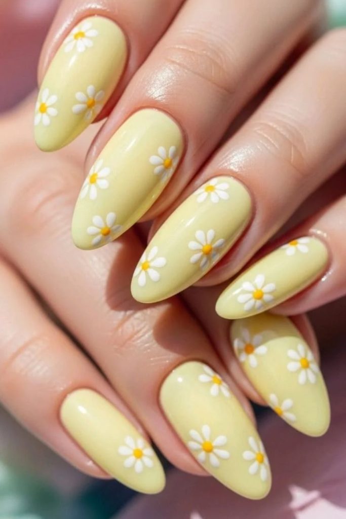Sunlit butter yellow floral nails.